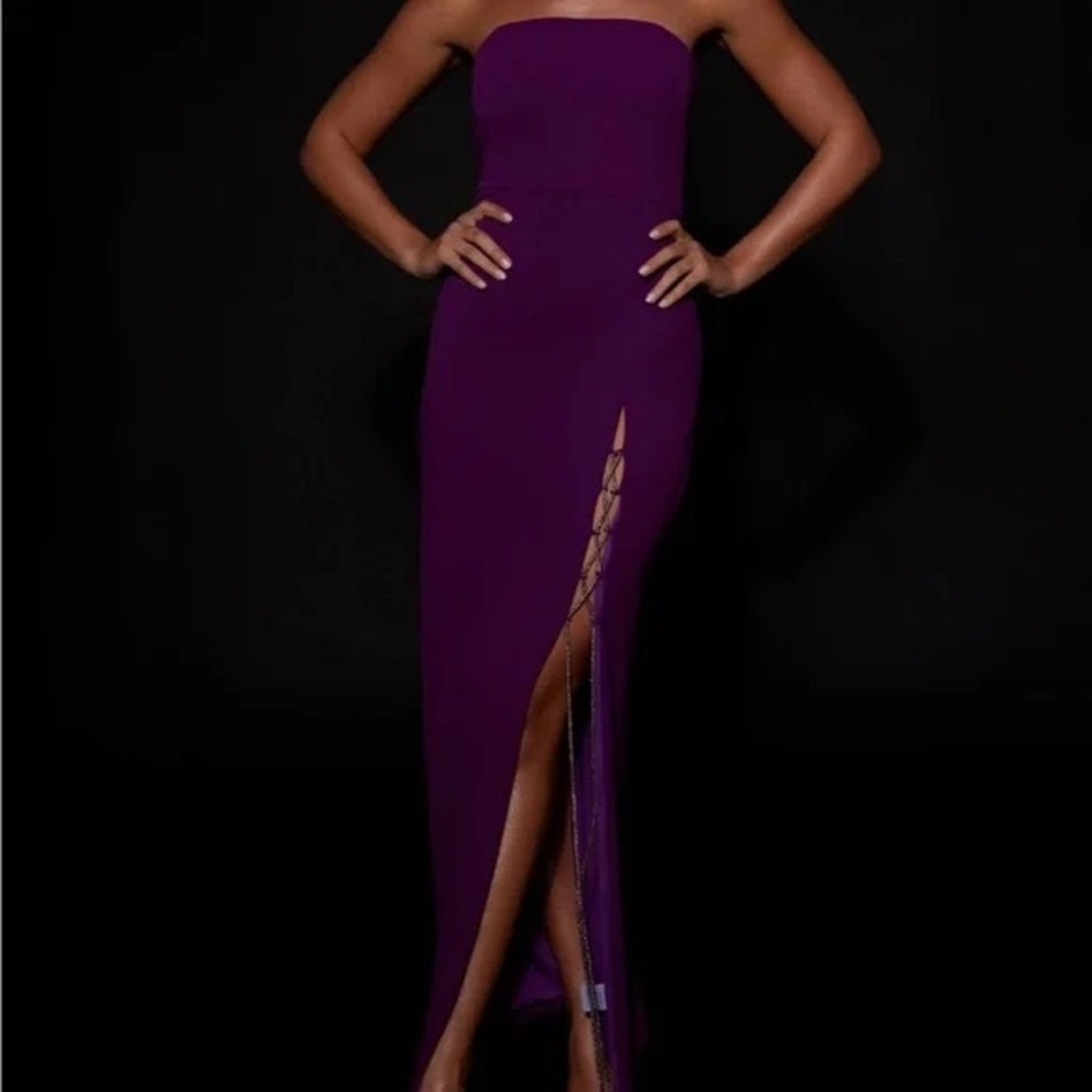Meshki Strapless Purple Lace-Up Thigh-Slit Gown